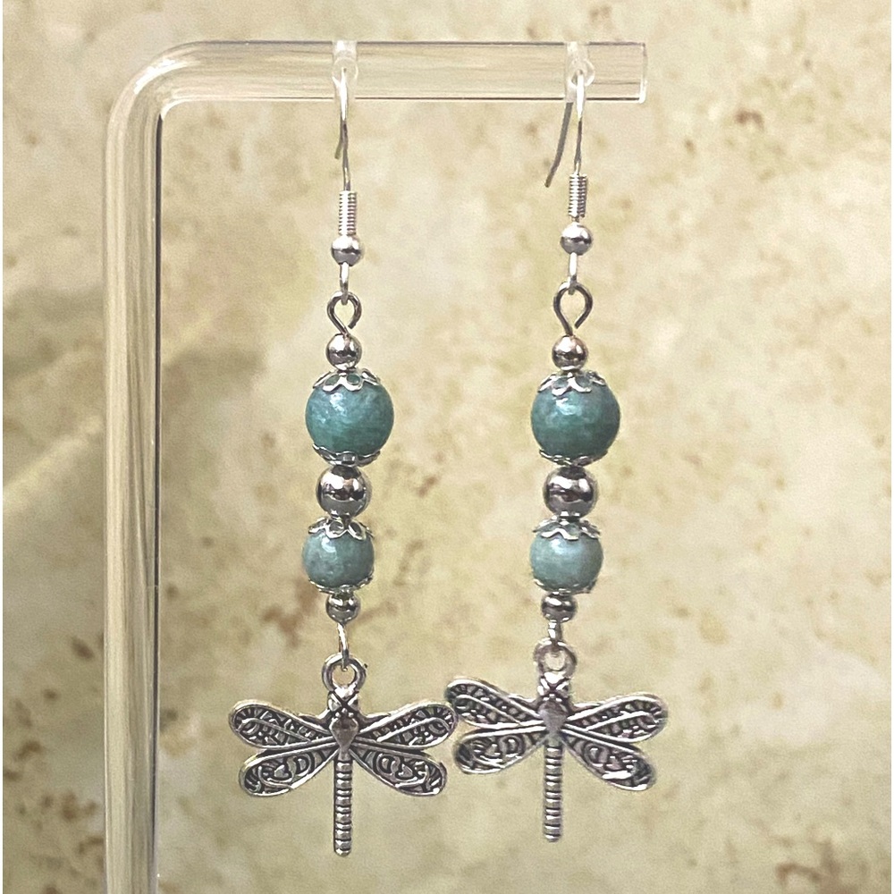 Beaded earrings - jade beads and silver tone accents with dragonfly charm